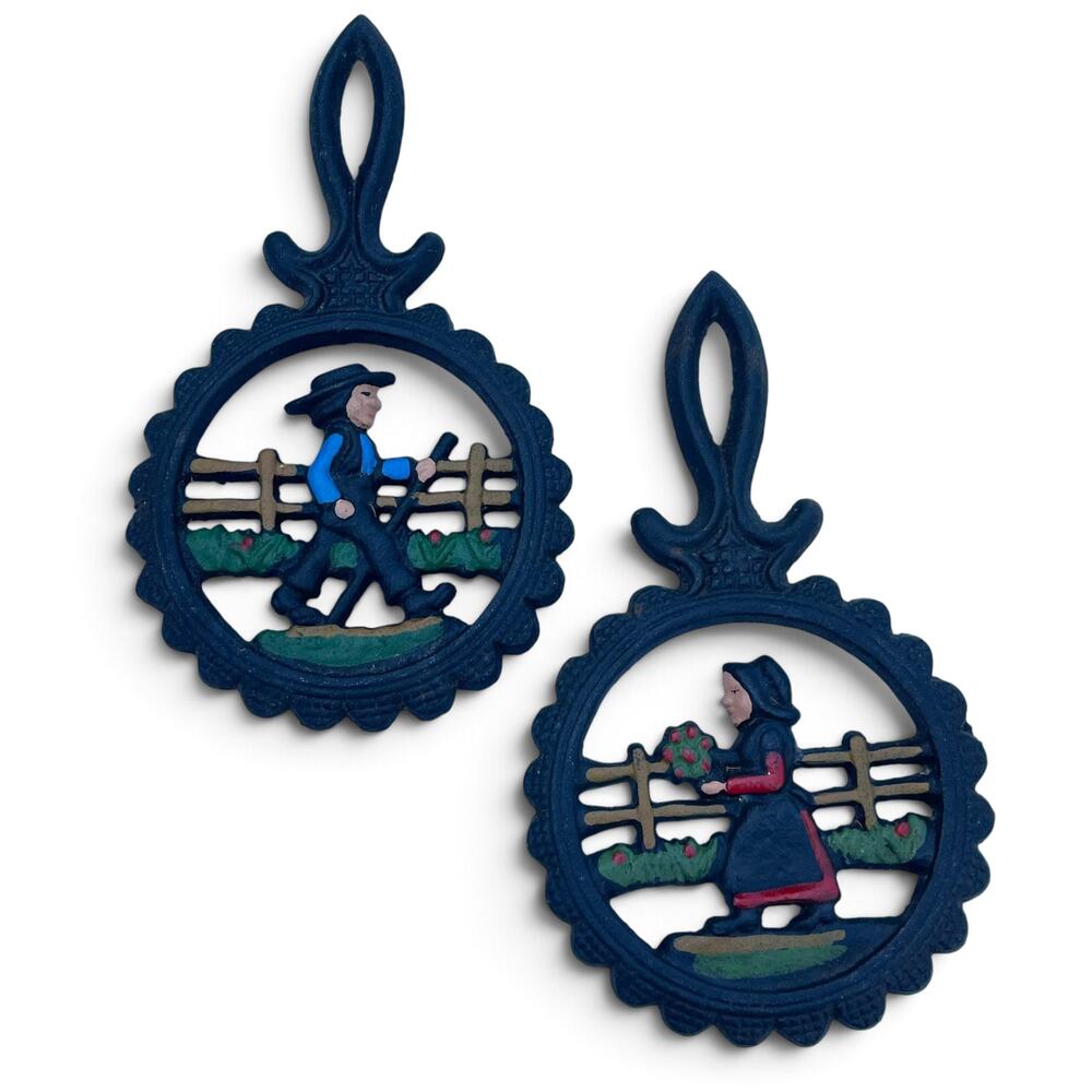 Vintage Cast Iron Amish Man Woman Trivets Set 2 Folk Art Wall Decor
